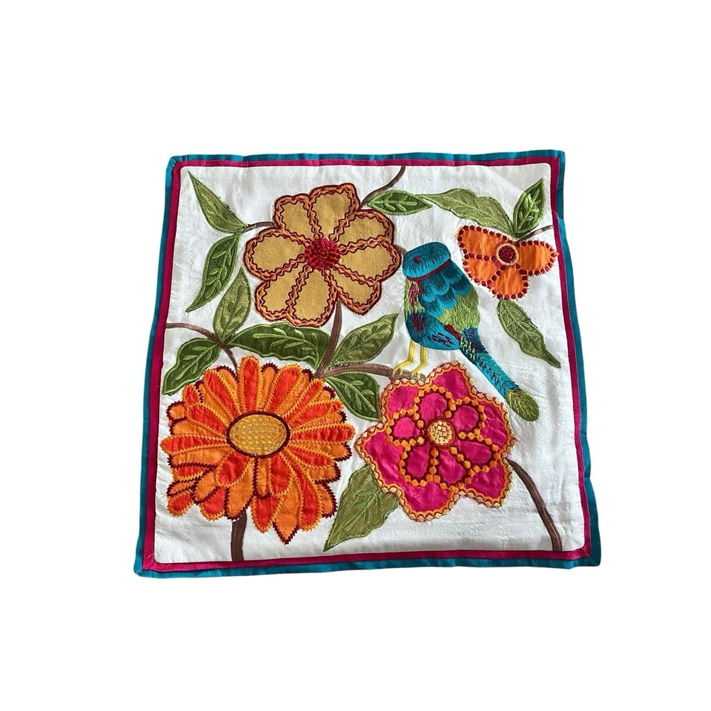 A JOURNEY TO INDIA Pillow Sham Applique‎ Floral Bird Red Green Orange Blue Boho